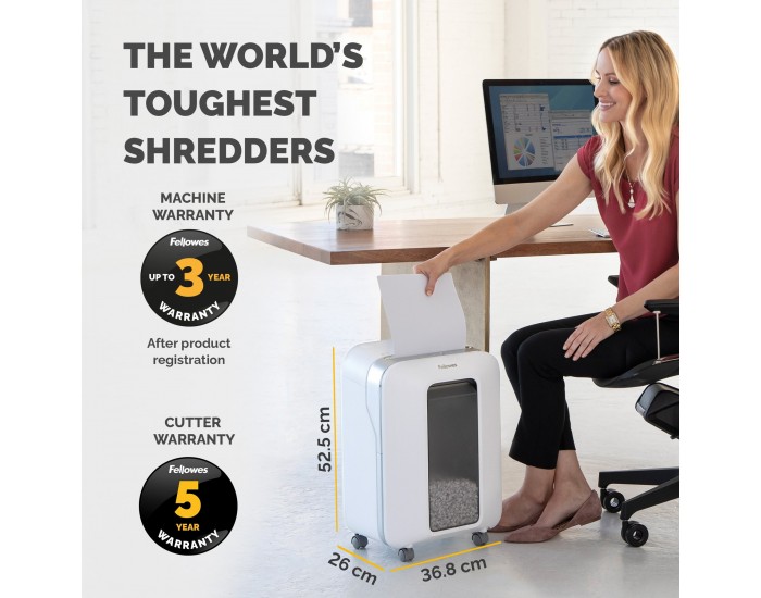 Шредер за унищожаване на документи Fellowes Powershred LX201, Microcut, 22 L, бял, P-5, време за работа 10 мин, Micro-Cut