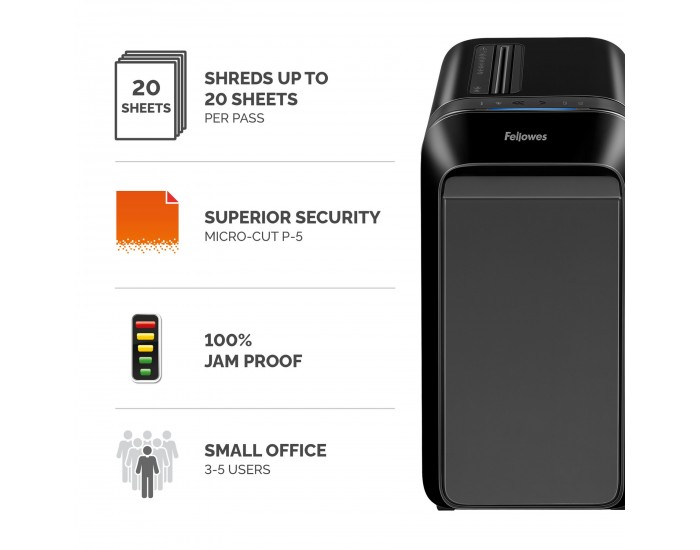 Шредер за унищожаване на документи Fellowes LX221, Micro-Cut, 30 L, черен, P-5, време за работа 25 мин