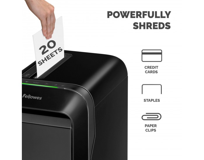 Шредер за унищожаване на документи Fellowes LX221, Micro-Cut, 30 L, черен, P-5, време за работа 25 мин