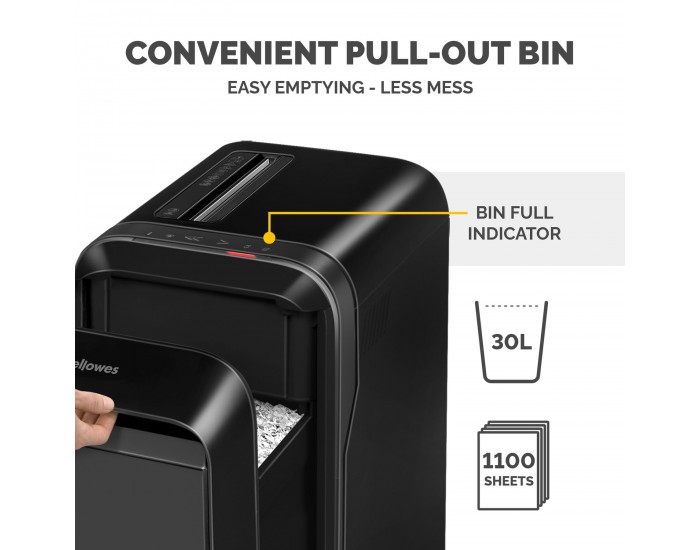 Шредер за унищожаване на документи Fellowes LX221, Micro-Cut, 30 L, черен, P-5, време за работа 25 мин
