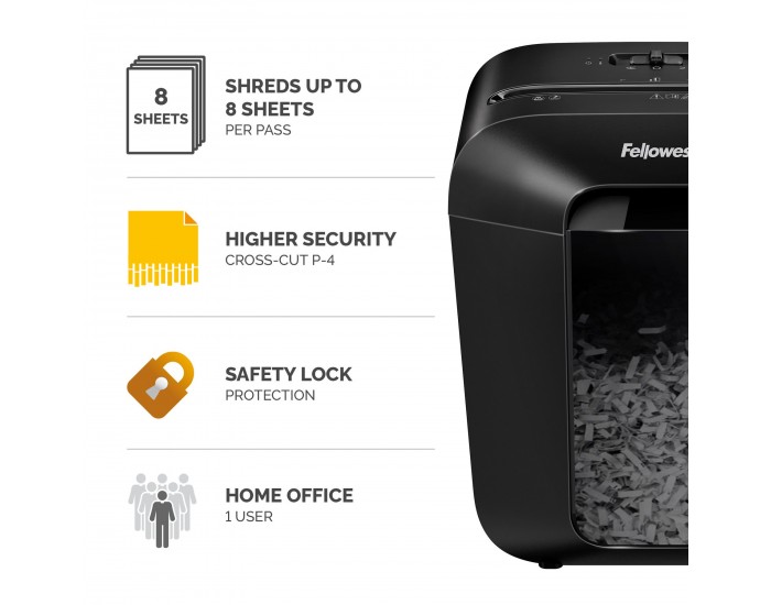 Шредер за унищожаване на документи Fellowes Powershred LX45, Cross-Cut, черен, P-4, обем на коша 17 L, време за работа 6 мин, ниво на шум 70 dB