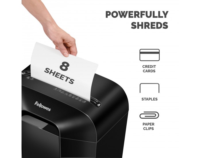 Шредер за унищожаване на документи Fellowes Powershred LX45, Cross-Cut, черен, P-4, обем на коша 17 L, време за работа 6 мин, ниво на шум 70 dB
