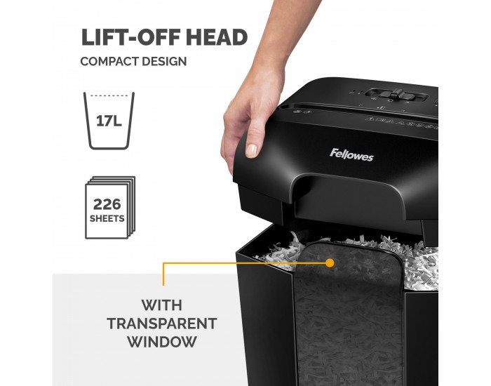 Шредер за унищожаване на документи Fellowes Powershred LX45, Cross-Cut, черен, P-4, обем на коша 17 L, време за работа 6 мин, ниво на шум 70 dB