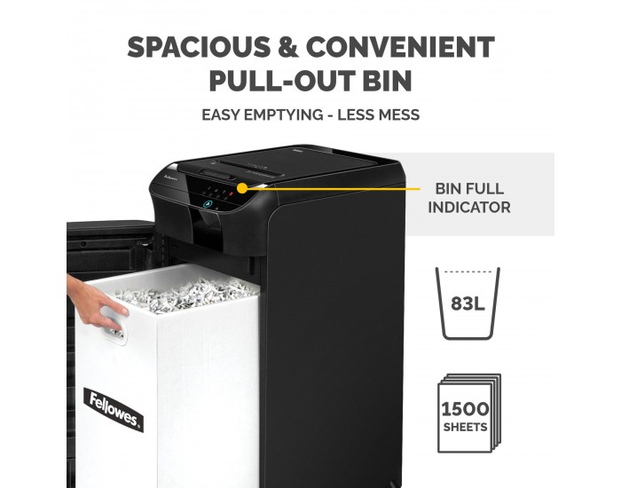 Шредер за унищожаване на документи Fellowes Automax 600M, P-5, Micro-Cut, 83 L, черен, време за работа 45 мин, време за почивка 30 мин