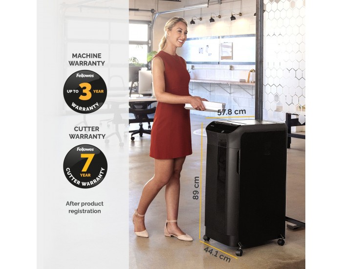 Шредер за унищожаване на документи Fellowes Automax 600M, P-5, Micro-Cut, 83 L, черен, време за работа 45 мин, време за почивка 30 мин