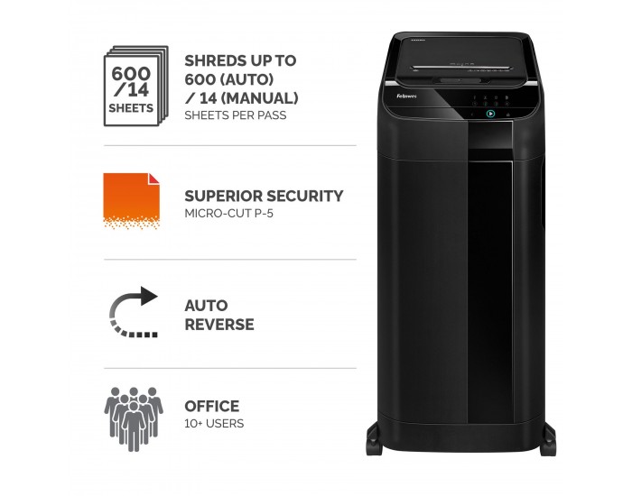 Шредер за унищожаване на документи Fellowes Automax 600M, P-5, Micro-Cut, 83 L, черен, време за работа 45 мин, време за почивка 30 мин