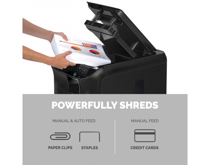 Шредер за унищожаване на документи Fellowes Automax 600M, P-5, Micro-Cut, 83 L, черен, време за работа 45 мин, време за почивка 30 мин