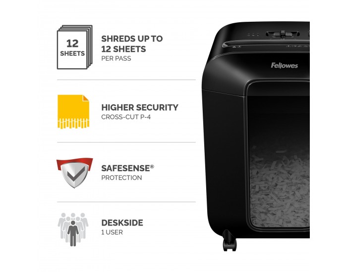 Шредер за унищожаване на документи Fellowes Powershred LX85, P-4, Cross-Cut, черен, обем на коша 19 L, ниво на шум 70-75 dB