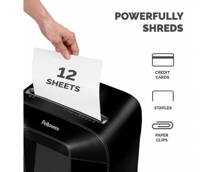Шредер за унищожаване на документи Fellowes Powershred LX85, P-4, Cross-Cut, черен, обем на коша 19 L, ниво на шум 70-75 dB