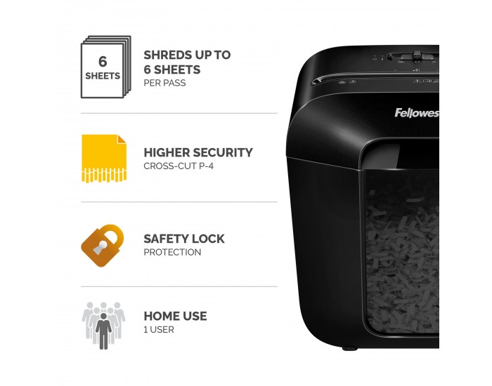 Шредер за унищожаване на документи Fellowes Powershred LX25, P-4, Cross-Cut, черен, обем на коша 11 L, време за работа 3 мин