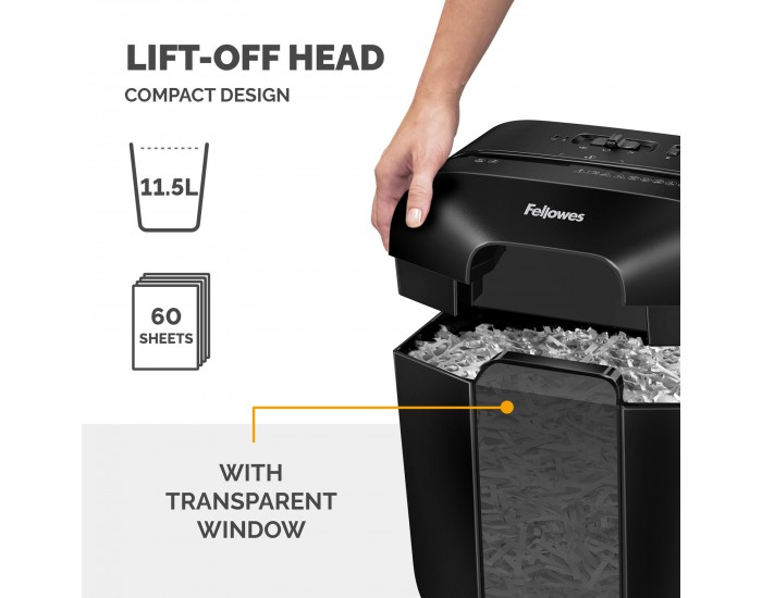 Шредер за унищожаване на документи Fellowes Powershred LX25, P-4, Cross-Cut, черен, обем на коша 11 L, време за работа 3 мин