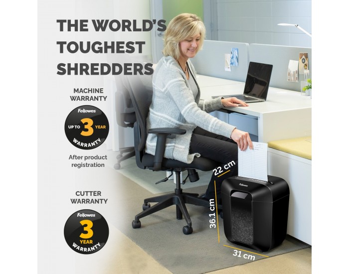 Шредер за унищожаване на документи Fellowes Powershred LX25, P-4, Cross-Cut, черен, обем на коша 11 L, време за работа 3 мин