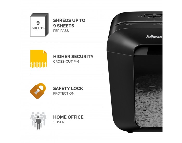 Шредер за унищожаване на документи Fellowes Powershred LX50, P-4, Cross-Cut, черен, обем на коша 17 L, време за почивка 30 мин