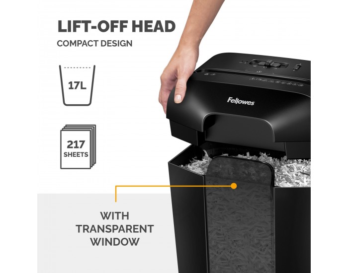 Шредер за унищожаване на документи Fellowes Powershred LX50, P-4, Cross-Cut, черен, обем на коша 17 L, време за почивка 30 мин