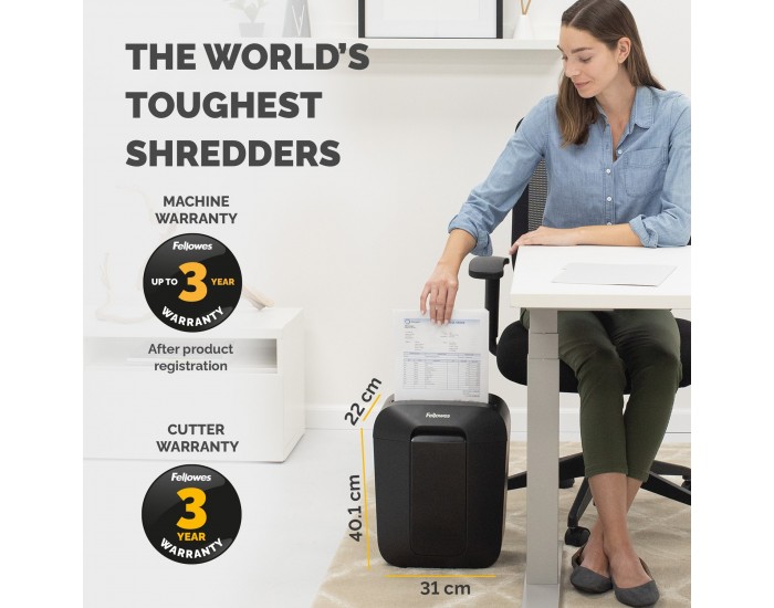 Шредер за унищожаване на документи Fellowes Powershred LX50, P-4, Cross-Cut, черен, обем на коша 17 L, време за почивка 30 мин