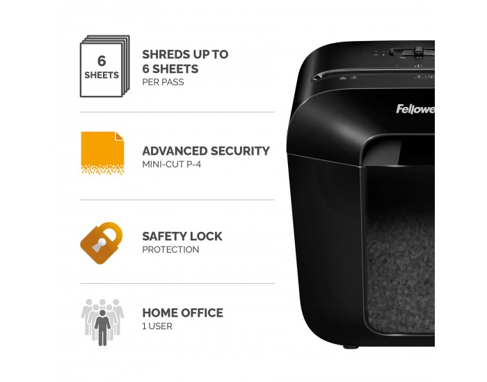 Шредер за унищожаване на документи Fellowes Powershred LX25M, P-4, Mini-Cut, 11.5 L, черен, време за почивка 30 мин