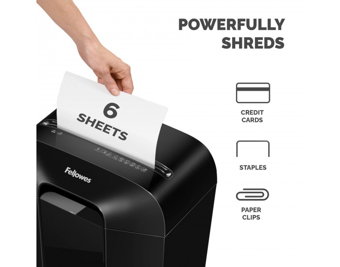 Шредер за унищожаване на документи Fellowes Powershred LX25M, P-4, Mini-Cut, 11.5 L, черен, време за почивка 30 мин