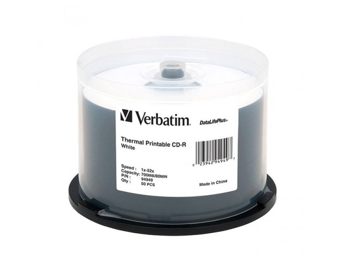 CD-R Verbatim, 700 MB, 52x, с бяло покритие за мастиленоструен печат, 50 броя в шпиндел