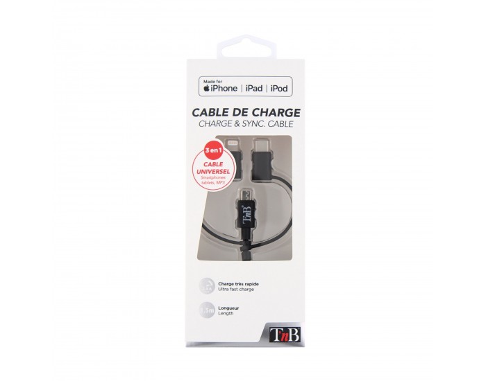 Кабел TNB 3 в 1 Lightning, с micro USB и USB type C, 1.5 m, USB-C