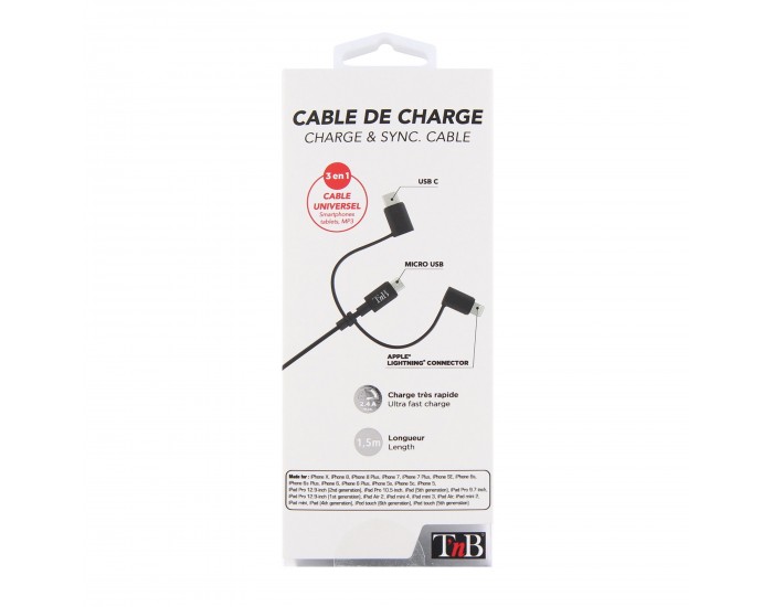 Кабел TNB 3 в 1 Lightning, с micro USB и USB type C, 1.5 m, USB-C