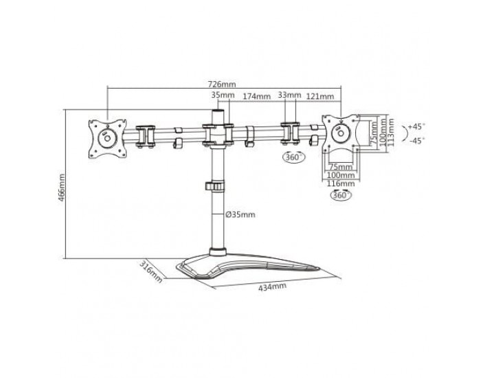 Стойка за 2 монитора Lumi LDT07-T024, 13'' - 27'', максимално тегло 8 kg, черна