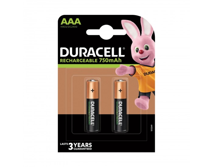 Акумулаторна батерия Duracell, NiMH, AAA, HR03, 750 mAh, 1.2 V, 2 броя