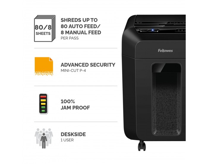 Шредер за унищожаване на документи Fellowes Automax 80M, Soho, Mini-Cut, P-4, 17 L, черен