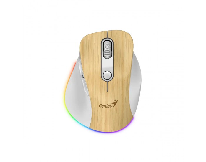 Мишка Genius Ergo 9000S Pro, безжична, безшумна, 6 бутона, дървесна