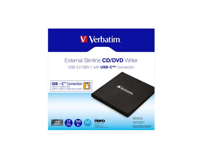 Записвачка за CD/DVD Slimline Verbatim, USB-C, черна