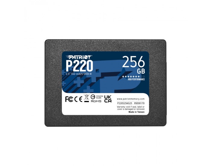 Твърд диск Patriot P220, SSD, вътрешен, 256 GB, Sata 3, 2.5'', 550/R, 490W