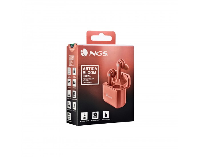 Слушалки NGS Artica Bloom, с Bluetooth, със зареждащ кейс, USB Type-C, корал