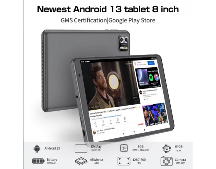 Таблет Pritom B8, 8'', Octa Core, 5G, 64 GB, 8 GB RAM, Android, 13, IPS, A523 Octa Core, предна камера 2 MP, сив
