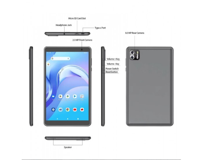 Таблет Pritom B8, 8'', Octa Core, 5G, 64 GB, 8 GB RAM, Android, 13, IPS, A523 Octa Core, предна камера 2 MP, сив