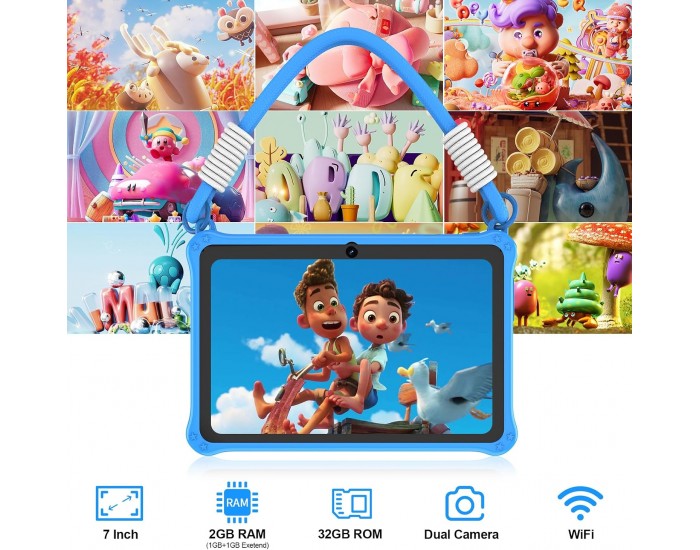 Таблет Pritom K7PRO, 7'', Lanyard, Quad Core, 32 GB, 2 GB RAM, Android 13, с връзка, син