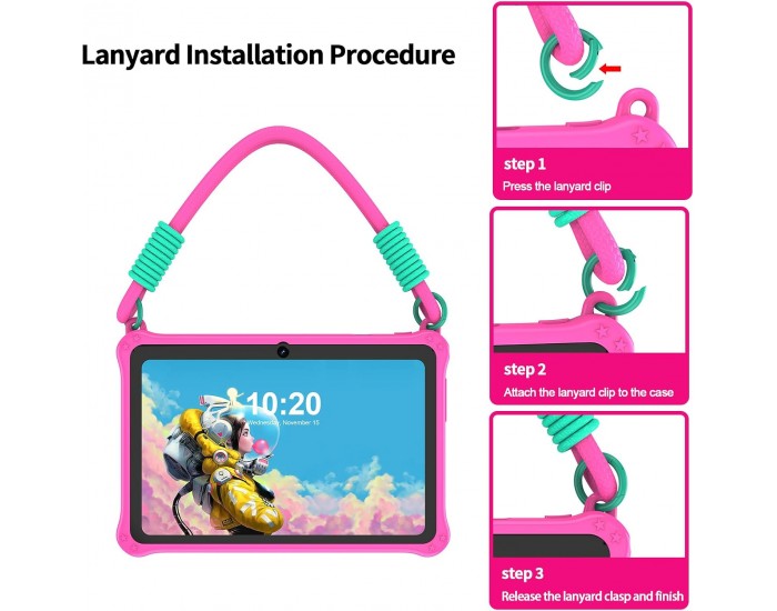 Таблет Pritom K7PRO, 7'', Lanyard, Quad Core, 32 GB, 2 GB RAM, Android 13, с връзка, розов