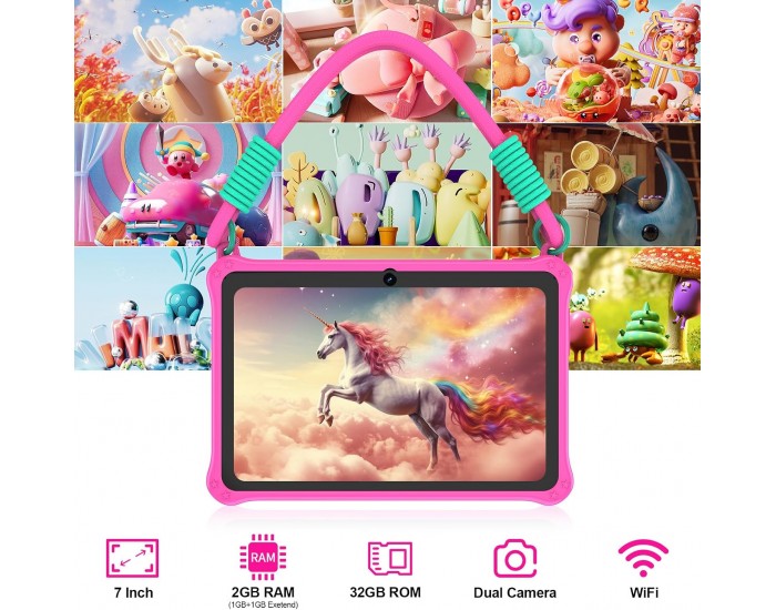 Таблет Pritom K7PRO, 7'', Lanyard, Quad Core, 32 GB, 2 GB RAM, Android 13, с връзка, розов