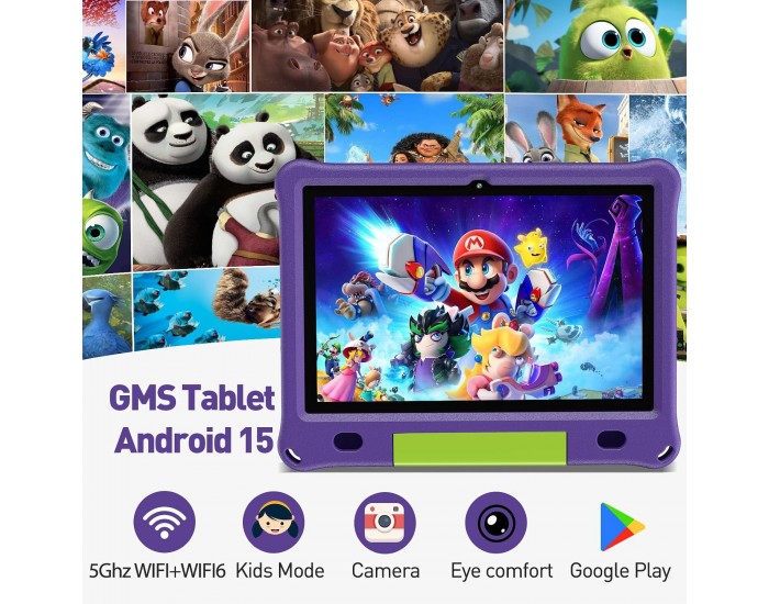 Таблет Pritom E10 Kids, 10.1'', IPS WXGA, 32 GB, 3 GB RAM, Android 15, задна камера 8 MP, лилав