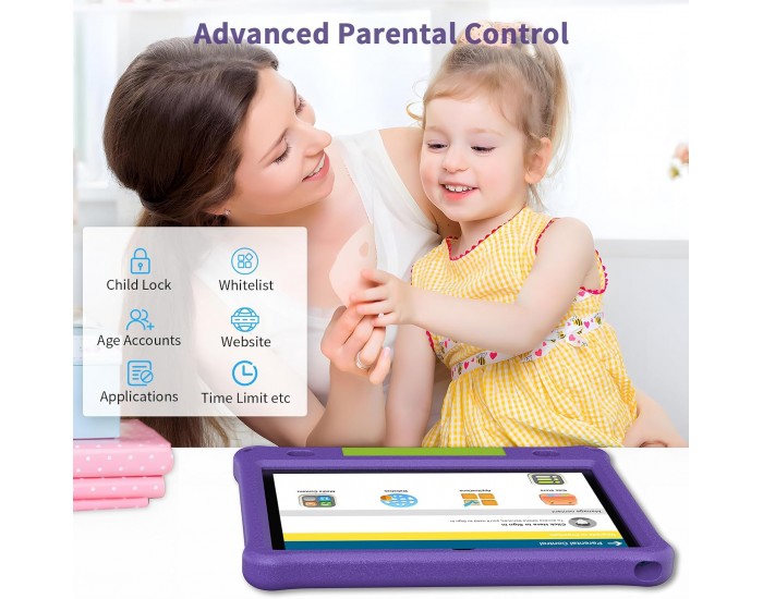Таблет Pritom E10 Kids, 10.1'', IPS WXGA, 32 GB, 3 GB RAM, Android 15, задна камера 8 MP, лилав