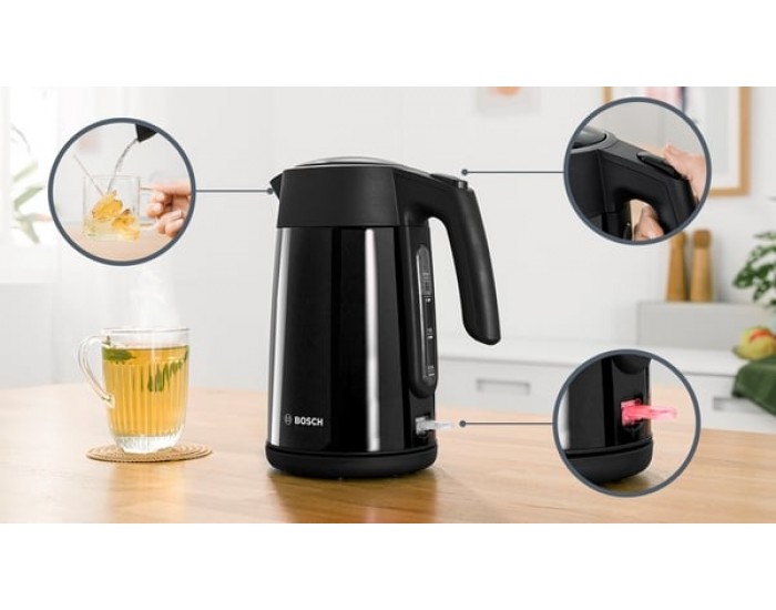 Електрическа кана за вода Bosch TWK7L463, 1.7 L, 2400 W, черна