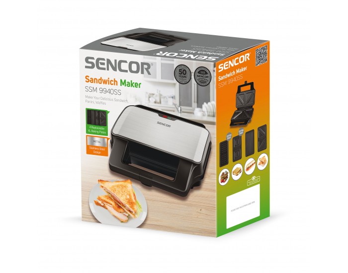 Сандвич грил преса Sencor SSM 9940SS, 4 в 1, 900 W, инокс