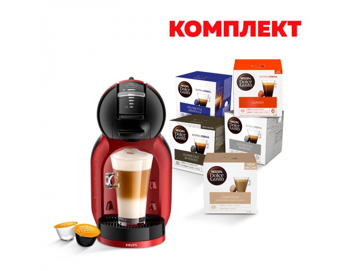 Кафе машина Krups Mini Me KP123H10, автоматична, 1500 W, червено-черна, в комплект с Nescafe Dolce Gusto Кафе капсули, 80 броя