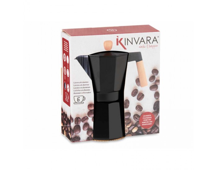 Кафеварка Kinvara, алуминиева, с дървена дръжка, за 6 чаши, черна