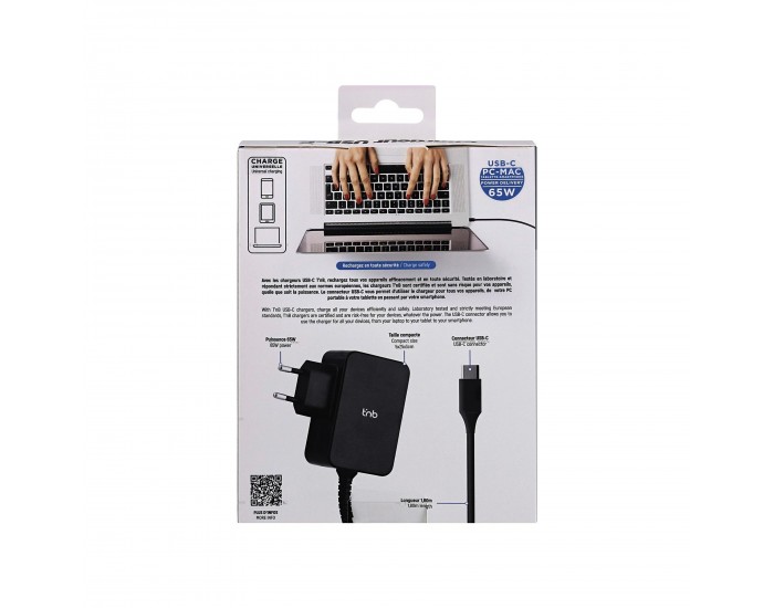 Зарядно устройство TNB Multimedia, за лаптоп, таблет и смартфон, USB Type-C, 65 W, дължина 1.8 m