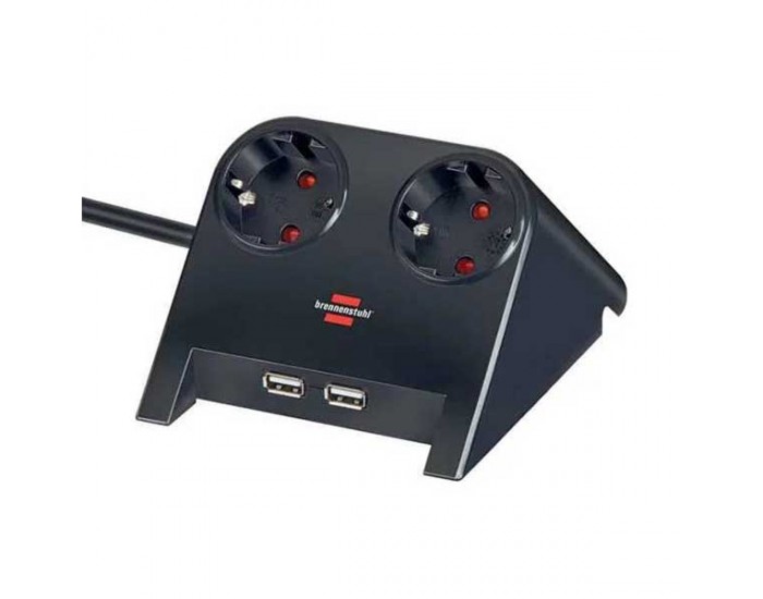 Разклонител Brennenstuhl Desktop-Power, 2 гнезда, 2 x USB, 1.8 m кабел, черен
