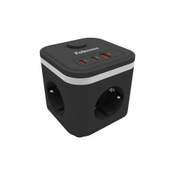 Разклонител Fellowes Ampra Power Cube, шуко, 3 гнезда, 1 USB Type-A, 2 USB Type-C, черен - Fellowes