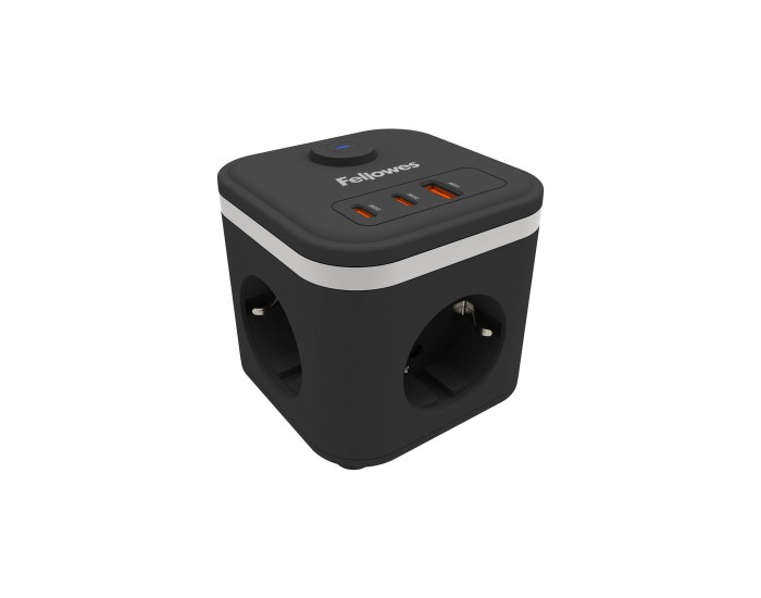 Разклонител Fellowes Ampra Power Cube, шуко, 3 гнезда, 1 USB Type-A, 2 USB Type-C, черен