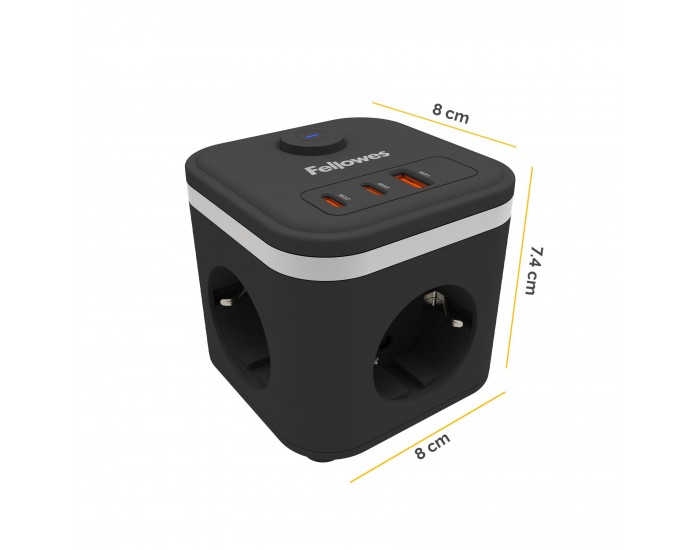 Разклонител Fellowes Ampra Power Cube, шуко, 3 гнезда, 1 USB Type-A, 2 USB Type-C, черен
