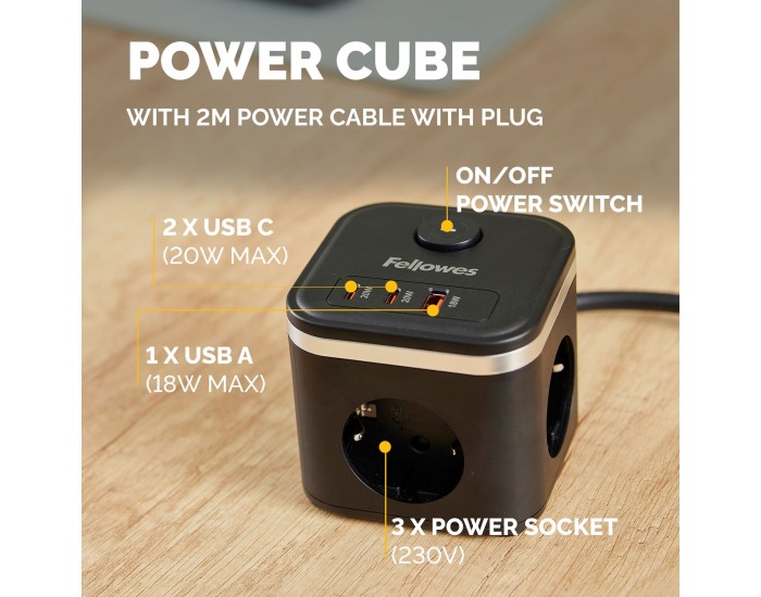 Разклонител Fellowes Ampra Power Cube, шуко, 3 гнезда, 1 USB Type-A, 2 USB Type-C, черен