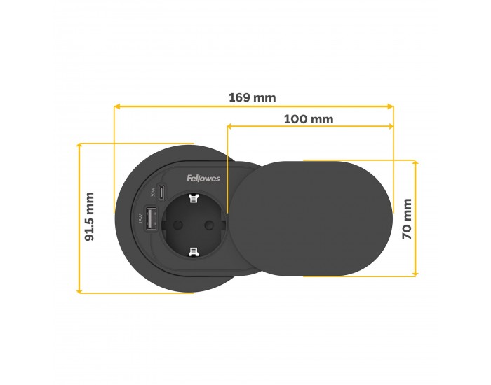 Разклонител Fellowes Ampra Power Spot, шуко, 1 гнездо, 1 USB Type-A, 1 USB Type-C, черен