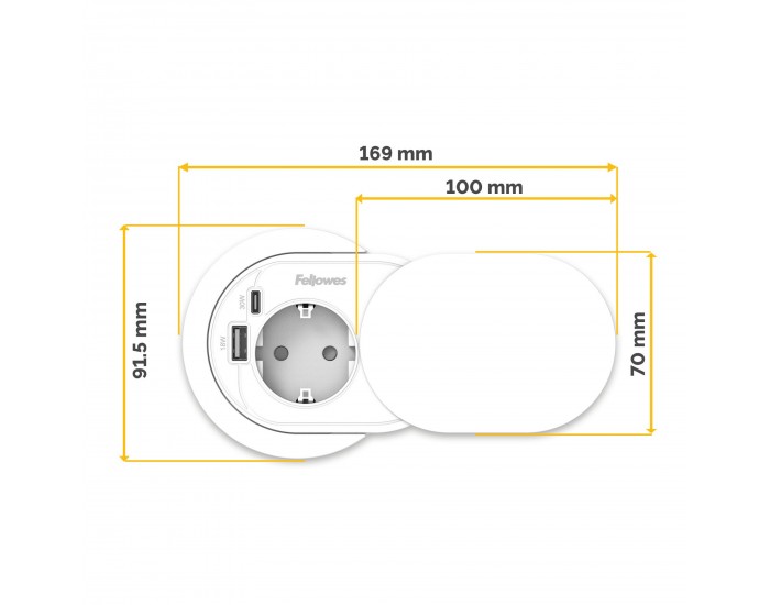 Разклонител Fellowes Ampra Power Spot, шуко, 1 гнездо, 1 USB Type-A, 1 USB Type-C, бял